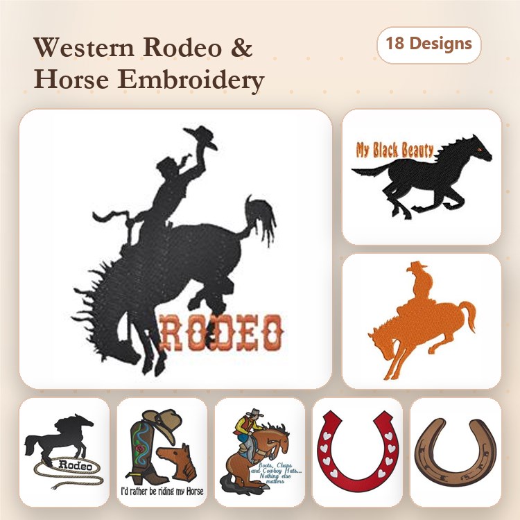 Western Rodeo Embroidery Designs Bundle – Rodeo Cowboy, My Black Beauty Horse, Horseshoe & More (18 Designs)