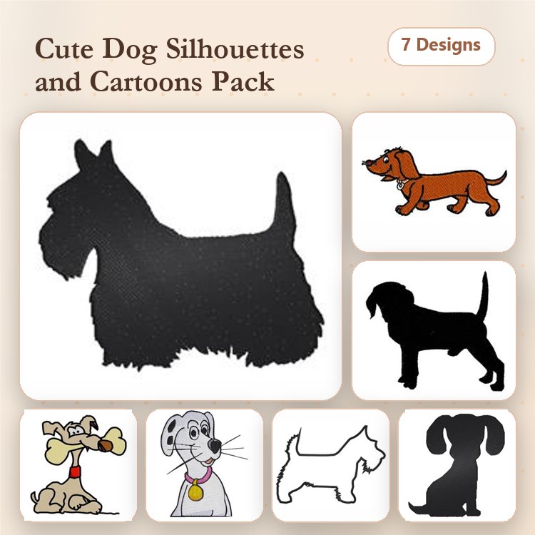 Dog Silhouette & Cartoon Embroidery Bundle – Various Breeds (7 Designs)