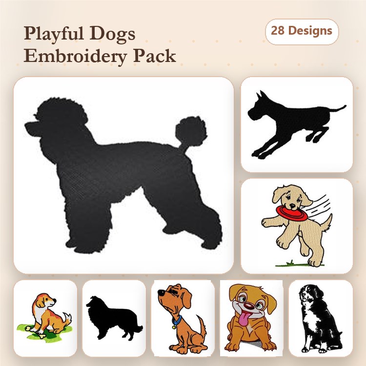 Dog Breed Embroidery Bundle – Playful Pups (28 Designs)