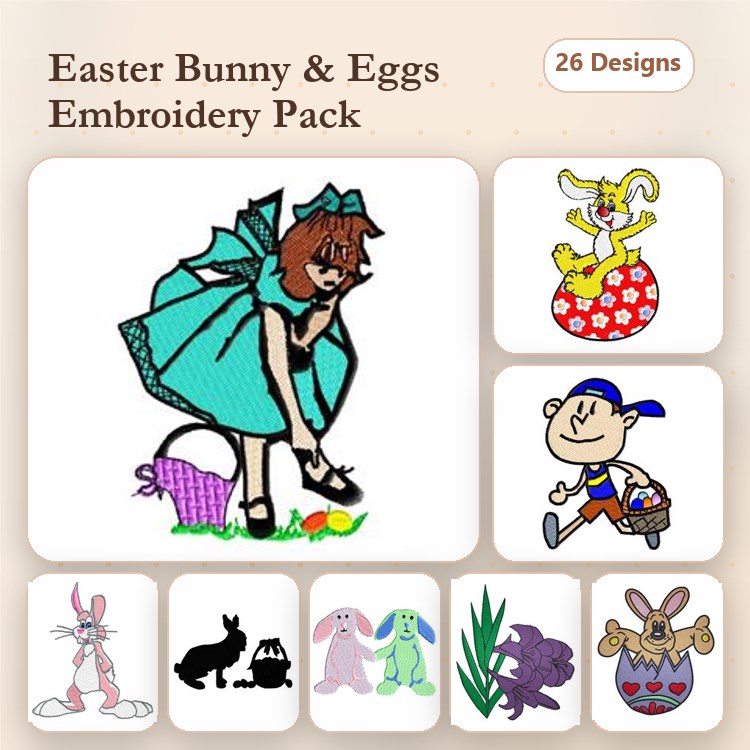 Easter Bunny & Eggs Embroidery Designs Bundle – Easter Bunny with Basket, Girl in Dress with Bunny, & More (26 Designs)