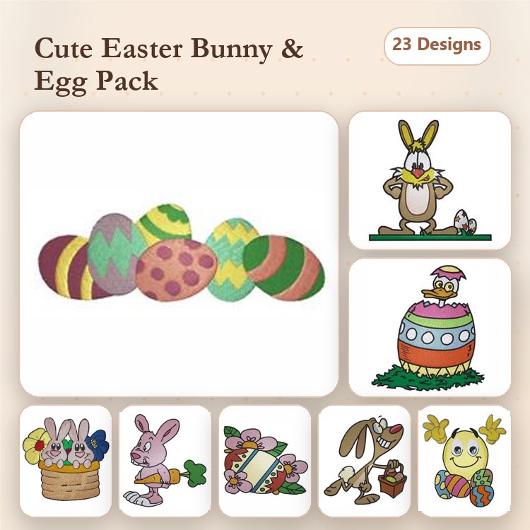Easter Bunny & Decorated Eggs Embroidery Designs Bundle – Bunny with Basket, Bunny Holding Egg, Chick in Easter Egg & More (23 Designs)