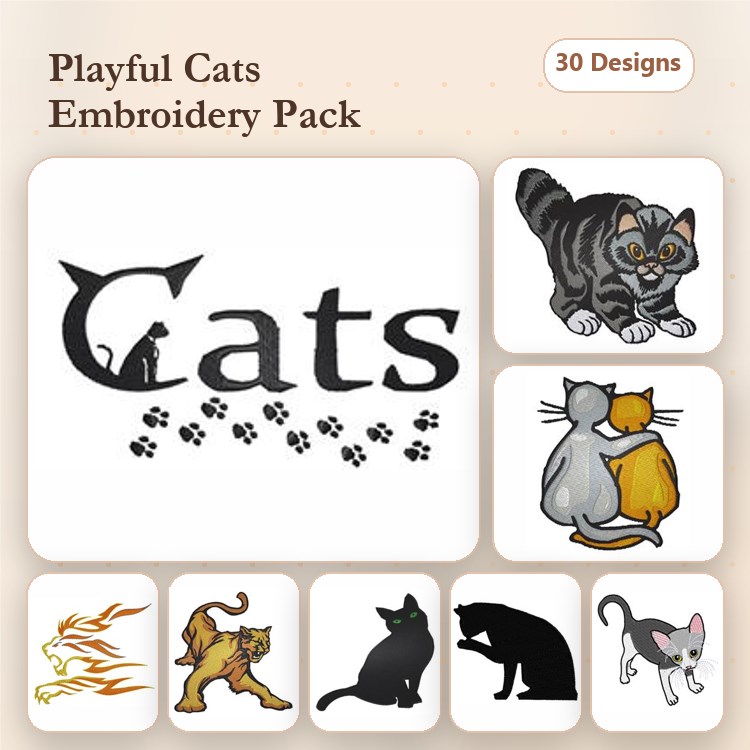 Cats Embroidery Bundle – Playful Cats Text, Tabby Cat, Black Cat, Gray Cat & More (30 Designs)