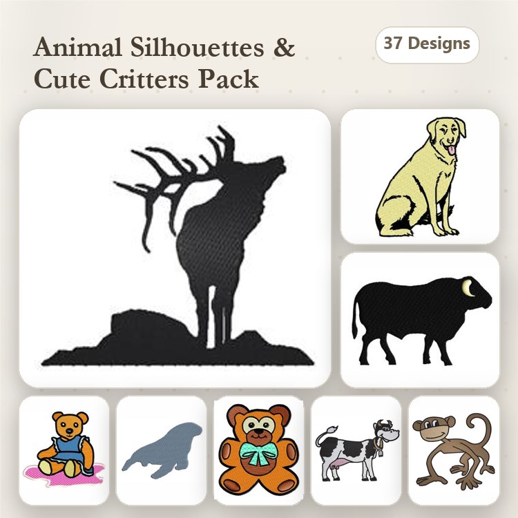 Animal Silhouettes & Cute Critters Embroidery Bundle – Elk Silhouette, Lab Dog, Cow & More (37 Designs)