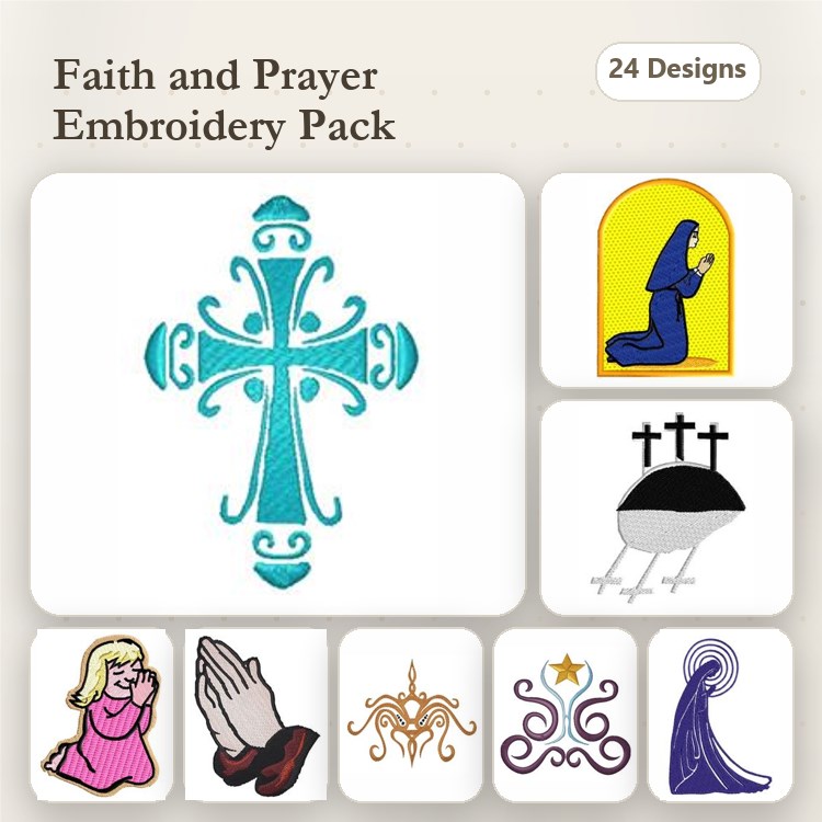 Faith and Prayer Embroidery Designs Bundle – Cross with Swirls, Praying Hands, Girl Praying & More (24 Designs)