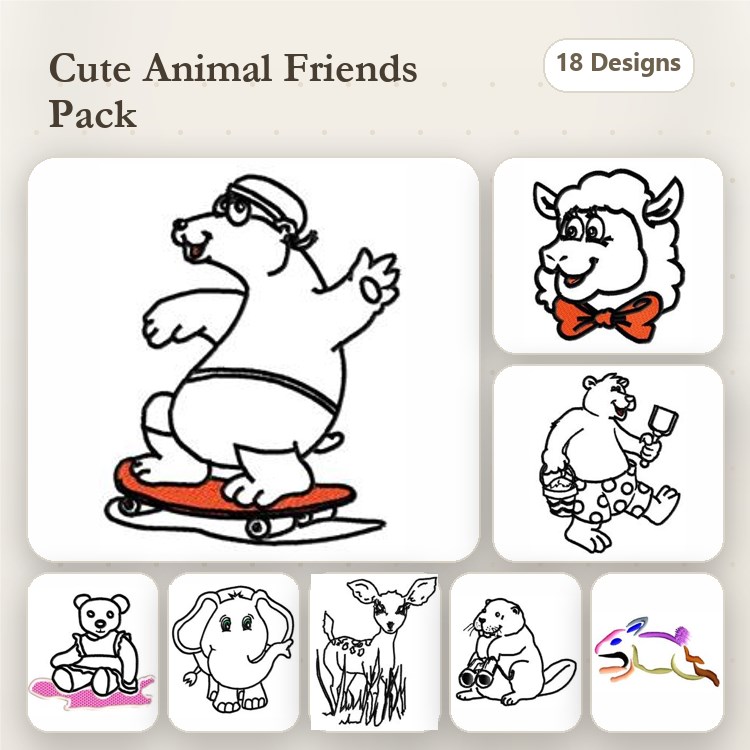 Cute Animal Friends Embroidery Designs Bundle – Skating Bear, Sheep with Bowtie, Bear with Ice Cream & More (18 Designs)