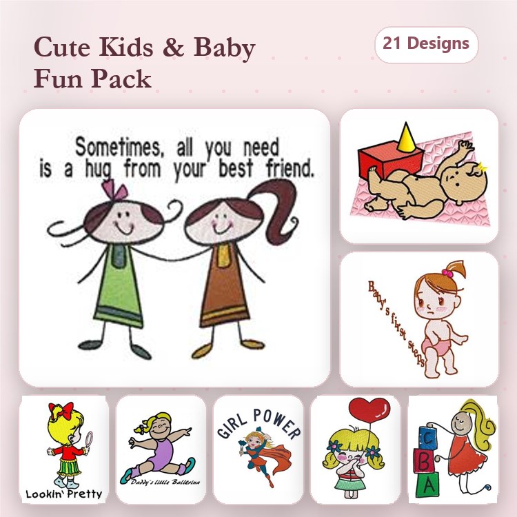 Kids and Baby Themes Embroidery Designs Bundle – Girl with Hugging Friend, Toy Block Tower, Baby in Diaper & More (21 Designs)