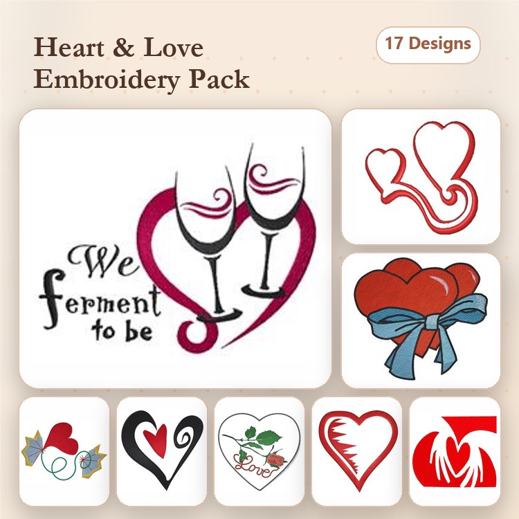 Hearts & Love Embroidery Designs Bundle – Wine Glasses, Floral Heart, Heart with Bow & More (17 Designs)