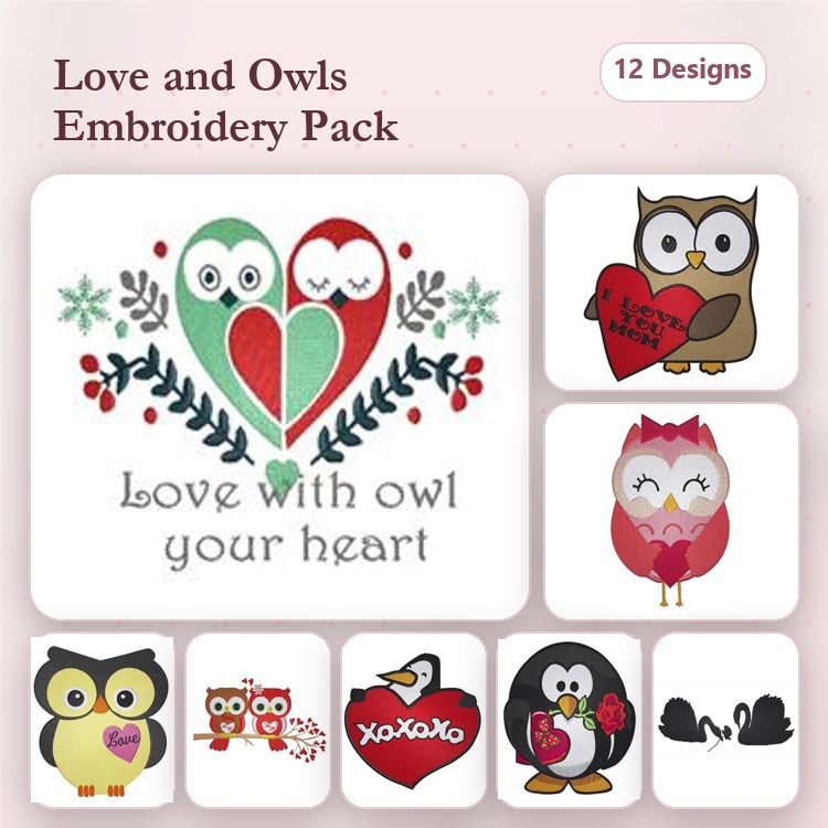 Love and Owls Embroidery Designs Bundle – Two Owls with Hearts, Owl with Love Heart, Pink Owl & More (12 Designs)