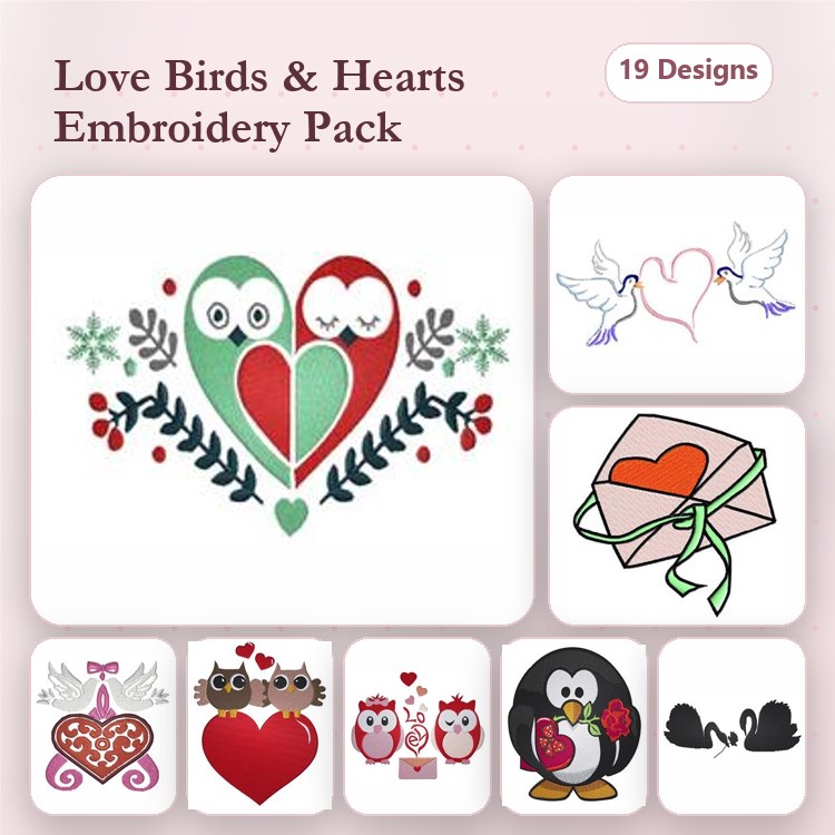 Love Birds & Hearts Embroidery Designs Bundle – Owl Heart, Heart with Doves, Birds in Love & More (19 Designs)