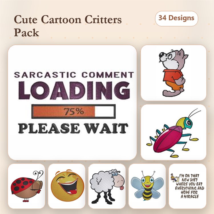 Cute Cartoon Animals Embroidery Designs Bundle – Cat, Ladybug, Bee & More (34 Designs)