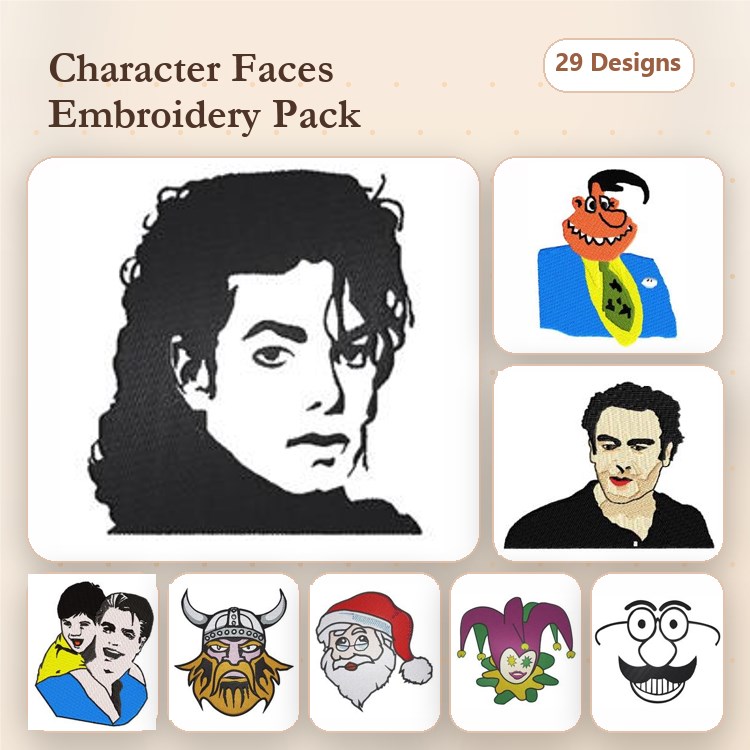 Character Faces Embroidery Designs Bundle – Male Celebrity, Santa Claus, Cartoon Character & More (29 Designs)