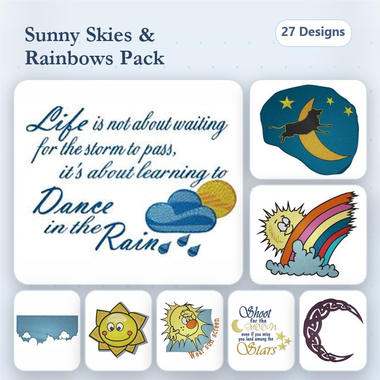 Sunny Skies & Rainbows Embroidery Designs Bundle – Moon with Stars, Rainbow, Sun with Face & More (27 Designs)