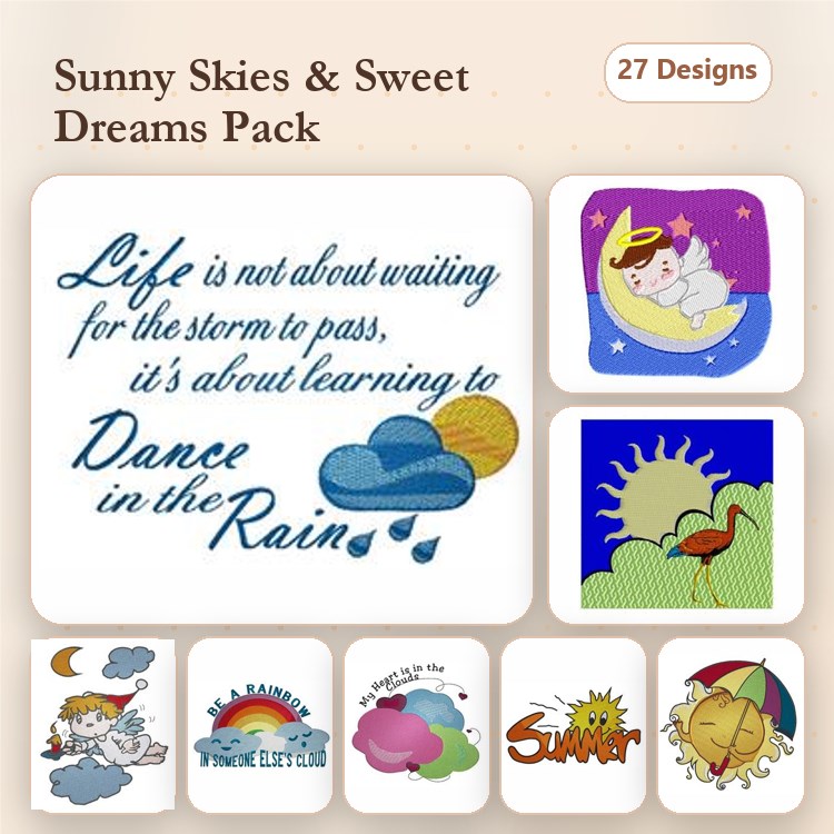 Sunny Skies & Dreams Embroidery Designs Bundle – Life Quote, Sleeping Cat, Cloud & Sun, Sunshine & More (27 Designs)