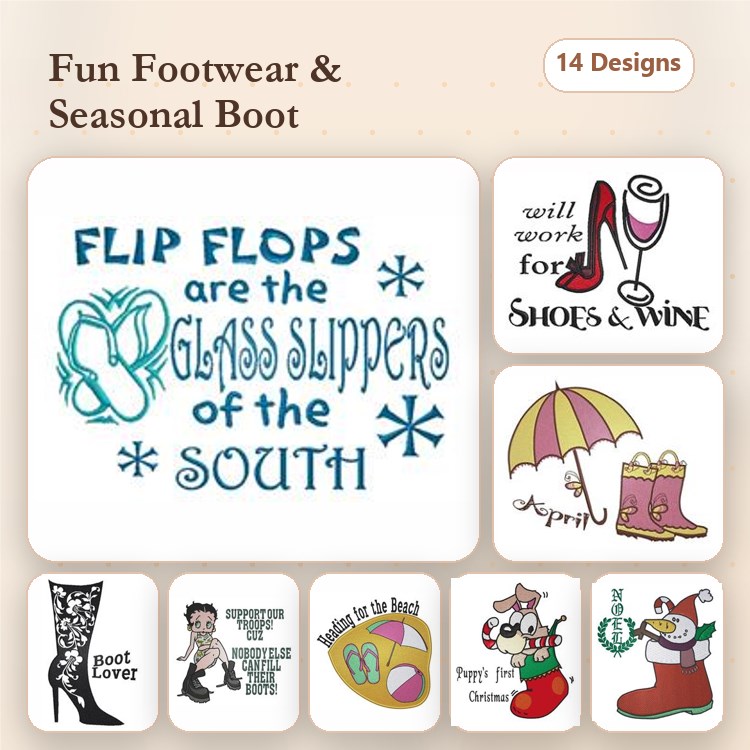 Footwear & Seasonal Quotes Embroidery Designs Bundle – Flip Flops, High Heels, Santa in Boot & More (14 Designs)