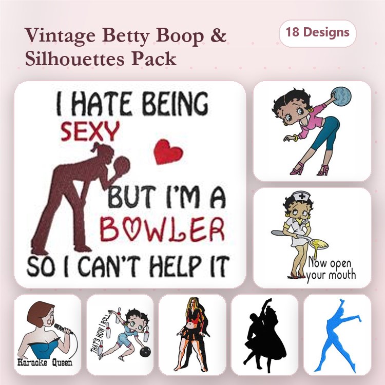 Betty Boop Silhouettes Embroidery Designs Bundle – Bowler Girl, Singing Girl, Dancing Girl, Hairdresser Queen & More (18 Designs)