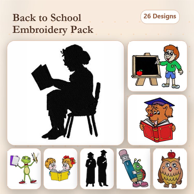 Back to School Embroidery Designs Bundle – Child Reading a Book, Chalkboard with Apple, Lion Reading Book & More (26 Designs)