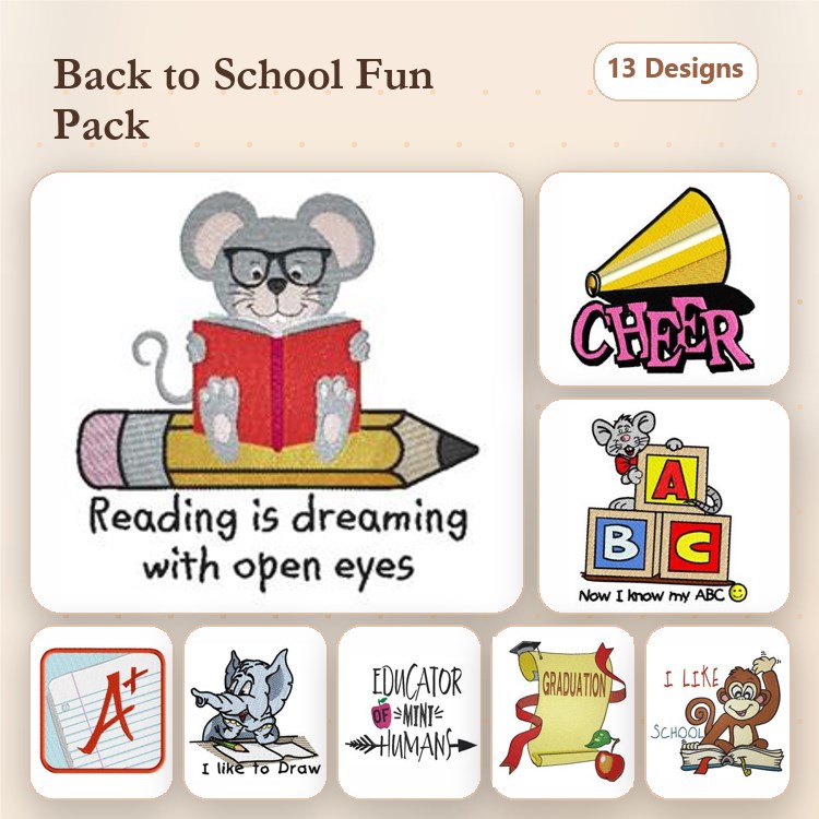 Back to School Embroidery Designs Bundle – Reading Mouse, ABC Blocks, Teacher's Apple & More (13 Designs)