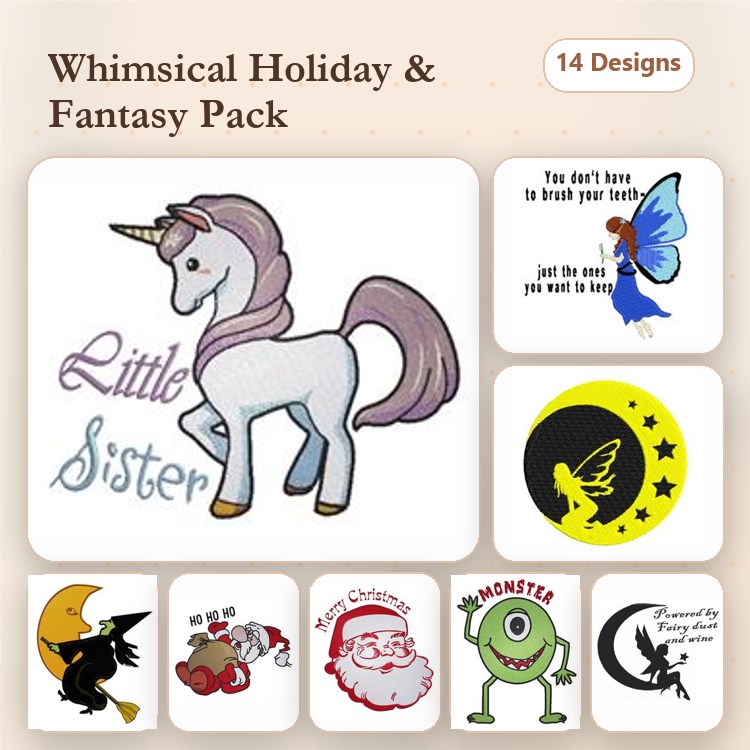 Whimsical Holiday & Fantasy Embroidery Designs Bundle – Unicorn, Santa Claus, Blue Fairy & More (14 Designs)