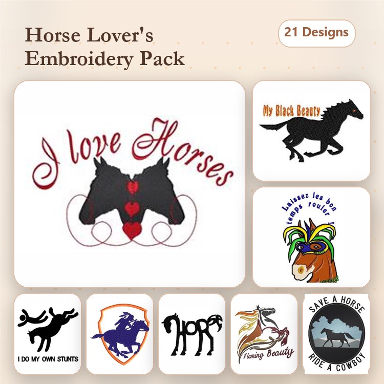 Horse Themes Embroidery Designs Bundle – I Love Horses, My Black Beauty, Horse Silhouette & More (21 Designs)