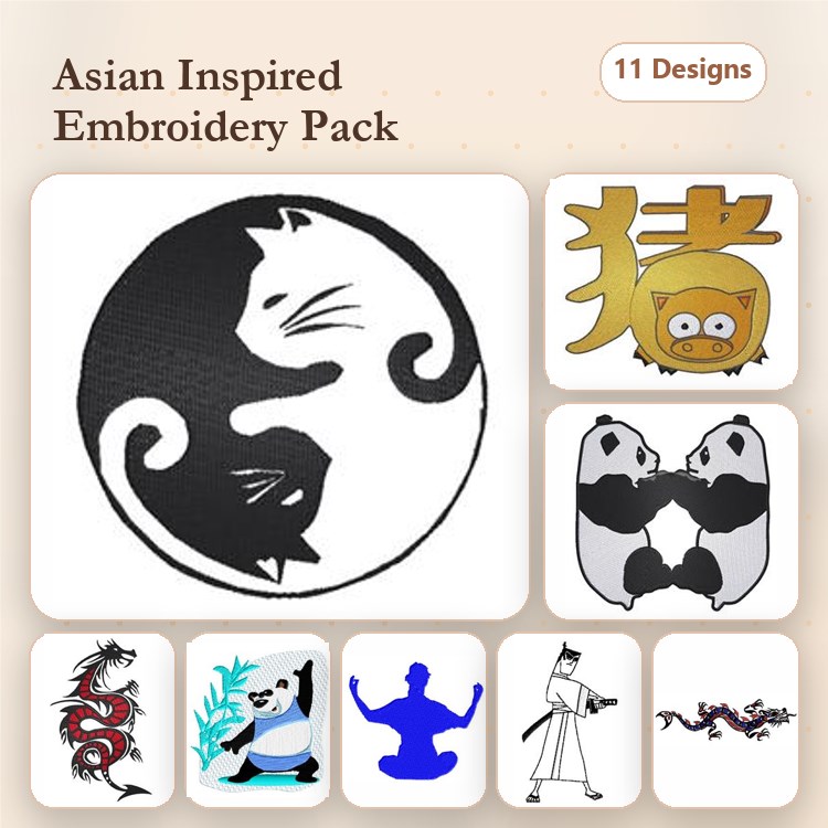 Asian Inspired Embroidery Designs Bundle – Yin Yang Cats, Panda Duo, Dragon & More (11 Designs)