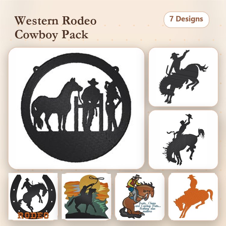 Western Rodeo Embroidery Bundle – Rodeo Cowboy Silhouette, Horse Riding, Cowboy with Horses & More (7 Designs)