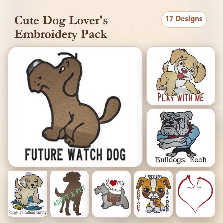 Bulldog, Puppy & Great Dane Embroidery Bundle – Playful Dog Designs (18 Designs)