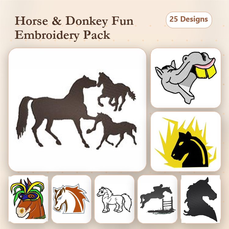Horse and Donkey Embroidery Designs Bundle – Galloping Horse, Donkey with Block, Horse Jumping Over Fence & More (25 Designs)
