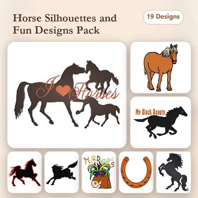 Horse Silhouettes & Horseshoes Embroidery Designs Bundle – Silhouette of Horses, I Love Horses, Galloping Horse & More (19 Designs)