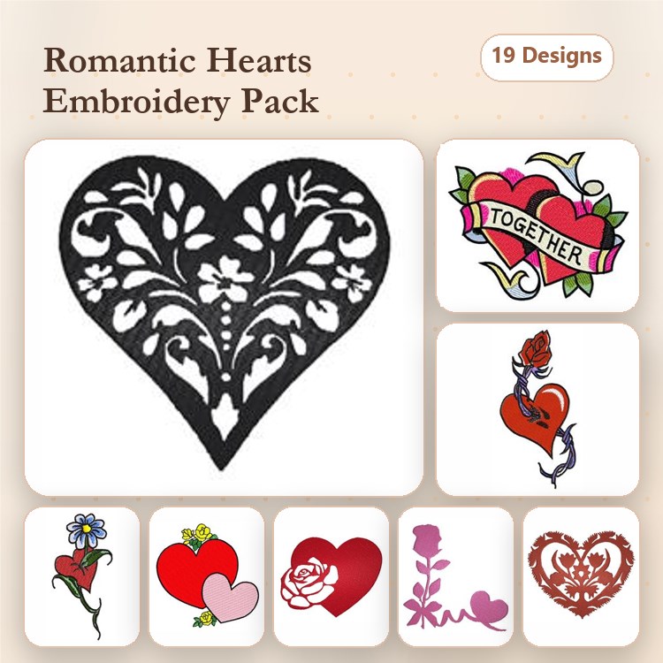 Romantic Hearts Embroidery Designs Bundle – Ornate Heart, Together Banner, Rose Heart & More (19 Designs)