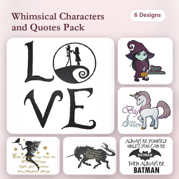 Whimsical Characters & Quotes Embroidery Designs Bundle – Love Silhouette, Witch with Cauldron, Unicorn & More (6 Designs)