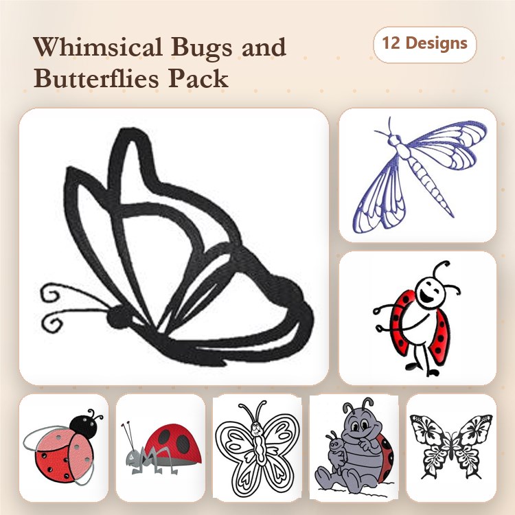 Bugs & Butterflies Embroidery Designs Bundle – Butterfly Sketch, Dragonfly, Ladybug & More (12 Designs)