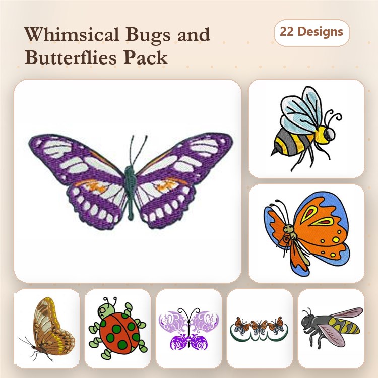 Colorful Bugs & Butterflies Embroidery Designs Bundle – Monarch Butterfly, Bee, Ladybug & More (22 Designs)