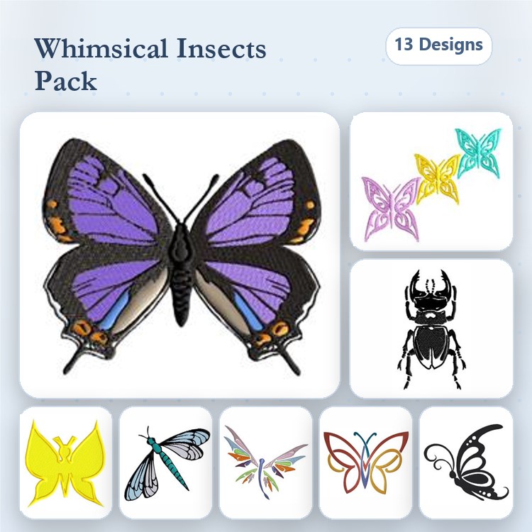 Insects Embroidery Designs Bundle – Purple Butterfly, Yellow Butterfly, Dragonfly & More (13 Designs)
