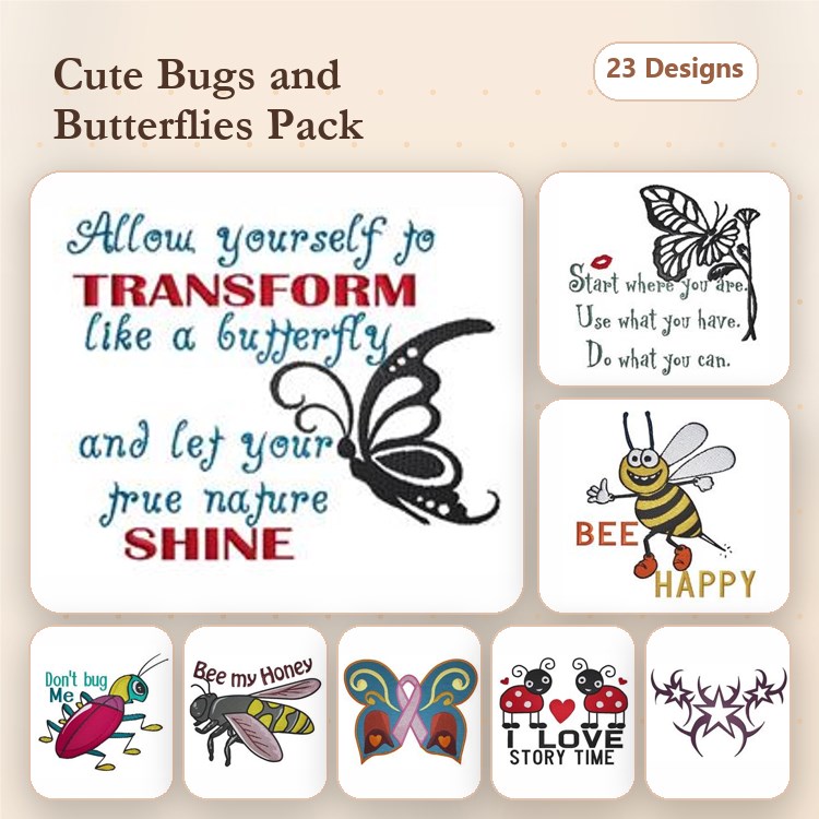 Bugs and Butterflies Embroidery Designs Bundle – Butterfly Inspirational Quote, Bee Happy, Ladybug Love & More (23 Designs)