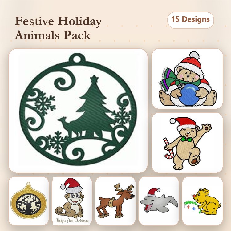Festive Holiday Animals Embroidery Bundle – Christmas Tree Ornament, Bear with Gift, Singing Bear & More (15 Designs)