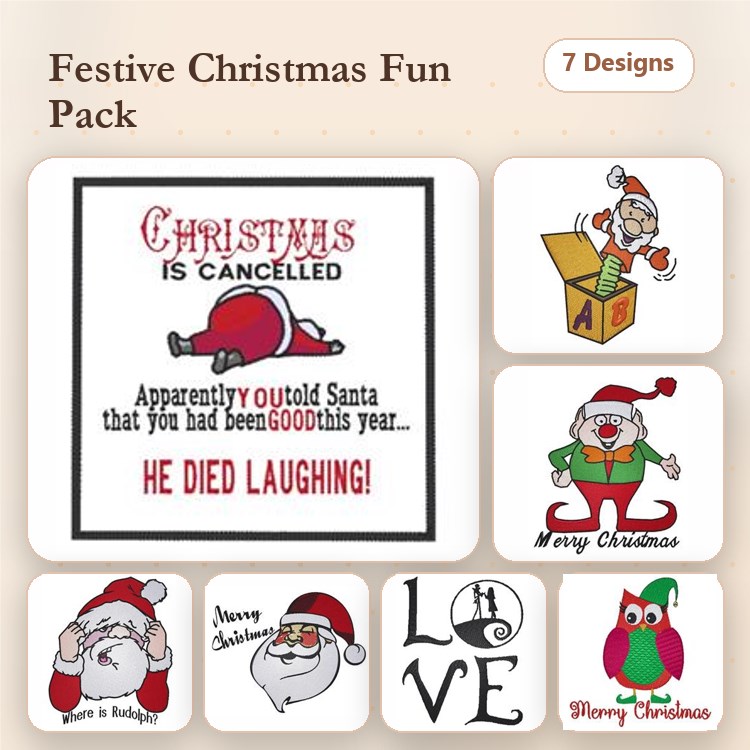 Christmas Humor Embroidery Designs Bundle – Santa with Box, Holiday Owl, Christmas is Cancelled & More (7 Designs)