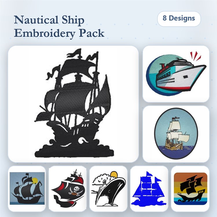 Nautical Ship Embroidery Designs Bundle – Sailing Ship Silhouette, Cartoon Cruise Ship, Pirate Ship & More (8 Designs)