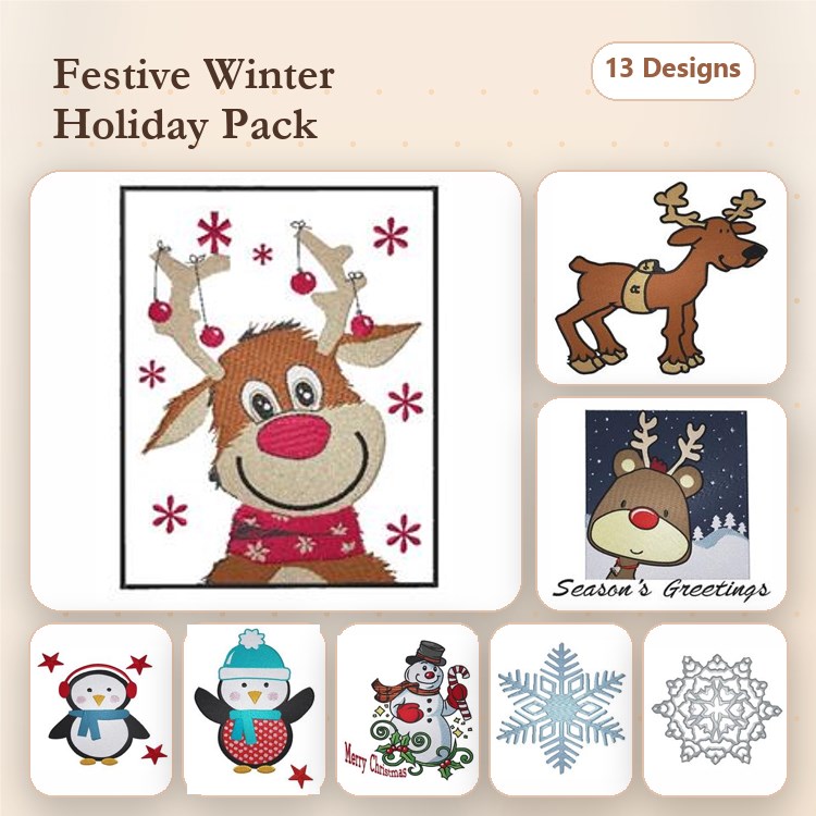 Festive Winter Holiday Embroidery Designs Bundle – Reindeer with Ornaments, Funny Reindeer, Snowman & More (13 Designs)