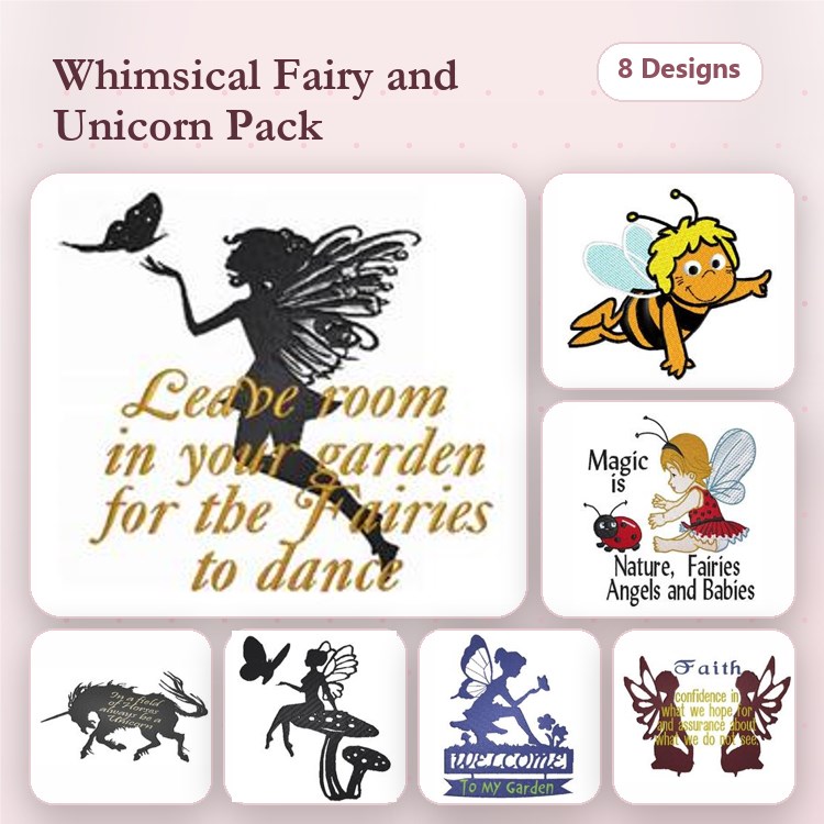 Fairies & Unicorns Embroidery Designs Bundle – Fairy Silhouette, Dancing Fairy, Unicorn Silhouette & More (8 Designs)