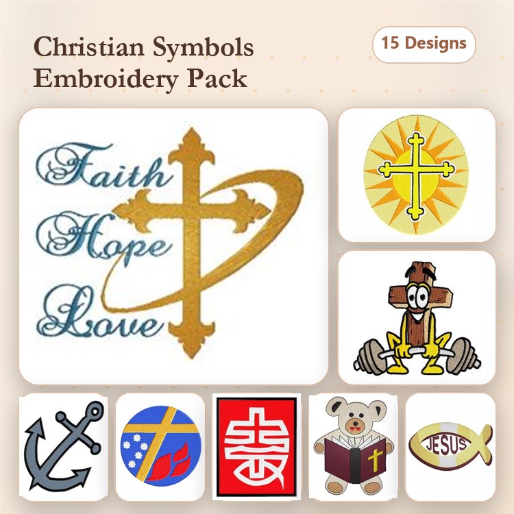 Christian Symbols Embroidery Designs Bundle – Faith Hope Love Cross, Sunburst Cross, Anchor Symbol & More (16 Designs)