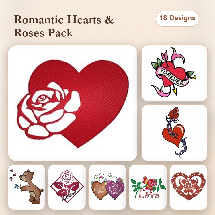 Romantic Hearts and Roses Embroidery Designs Bundle – Red Rose Heart, Love Heart, Cute Bear with Heart & More (18 Designs)