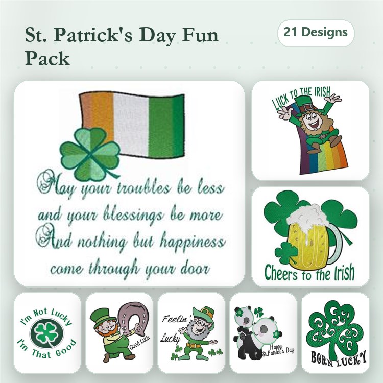St. Patrick's Day Embroidery Designs Bundle – Irish Shamrock, Leprechaun, Cheers to the Irish & More (21 Designs)