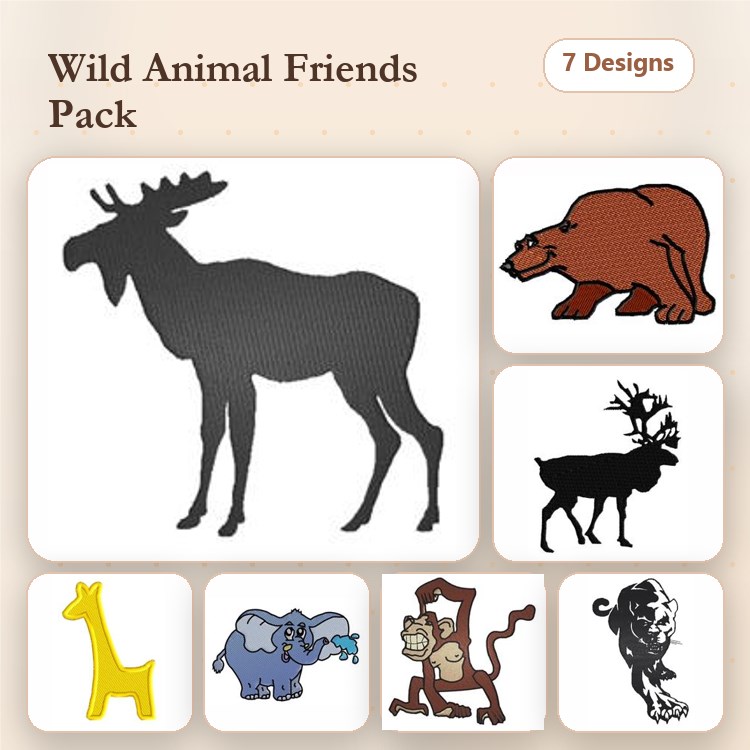 Wild Animal Friends Embroidery Designs Bundle – Moose, Bear, Reindeer, Giraffe, Elephant, Monkey, Lion (7 Designs)