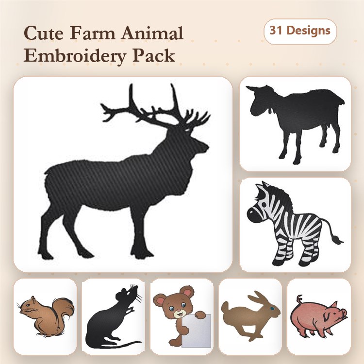 Farm Animal Embroidery Designs Bundle – Reindeer, Goat, Zebra, Squirrel & More (31 Designs)