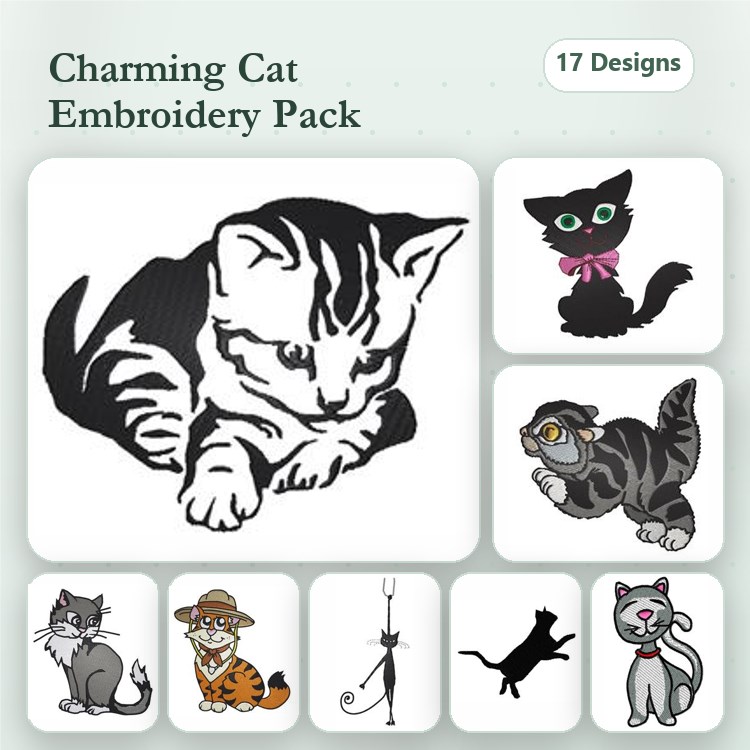 Charming Cats Embroidery Bundle – Playful Kitten, Black Cat with Bow, Curious Cat & More (17 Designs)