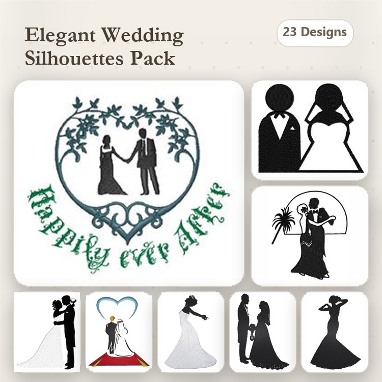 Wedding Silhouettes Embroidery Designs Bundle – Bride & Groom, Love Heart with Couple, Wedding Dance & More (23 Designs)