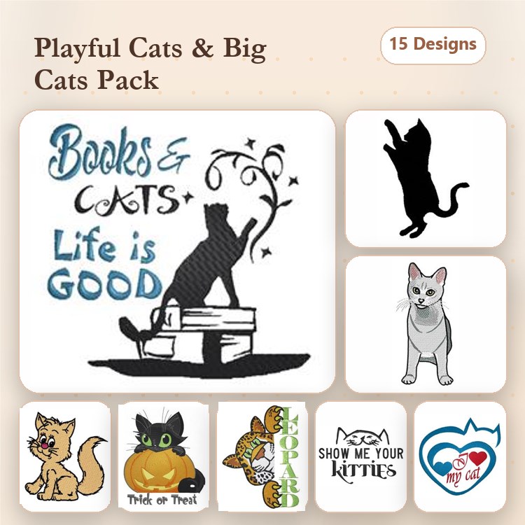 Cat-Themed Embroidery Bundle – Halloween & Grumpy Designs (15 Designs)