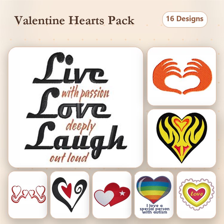 Valentine's Day Hearts & Love Expressions Embroidery Bundle – Live Love Laugh, Heart with Stars, Rainbow Heart & More (16 Designs)