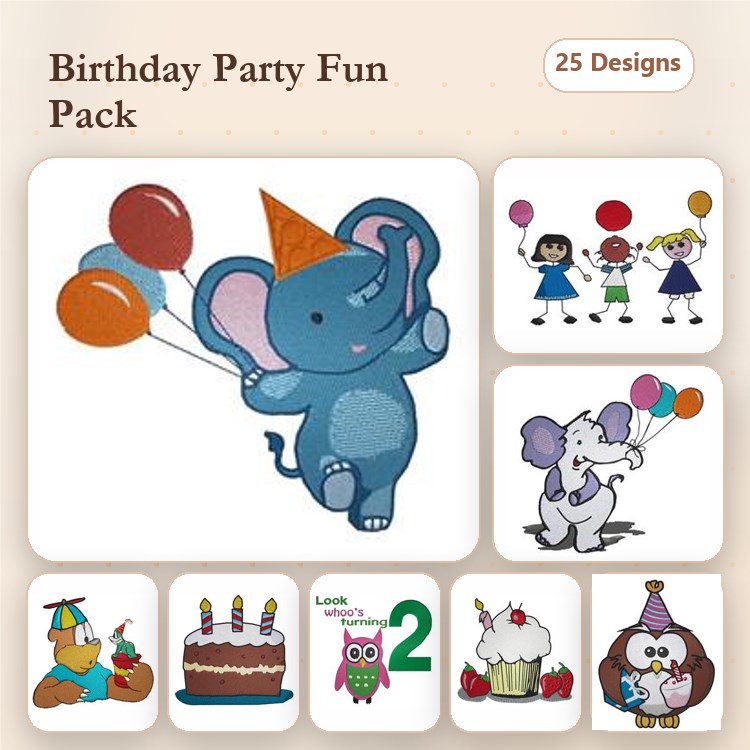 Birthday Themed Embroidery Bundle – Fun Designs (25 Designs)