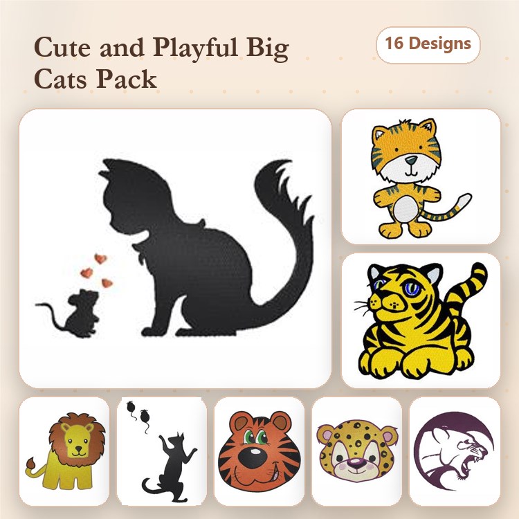 Cute Big Cats Embroidery Bundle – Lion, Tiger, Leopard, Playful Kitten & More (16 Designs)